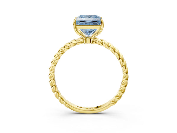 Yellow gold Fancy Blue Princess  Solitaire Twist Band Ring with Four-Prong Setting
