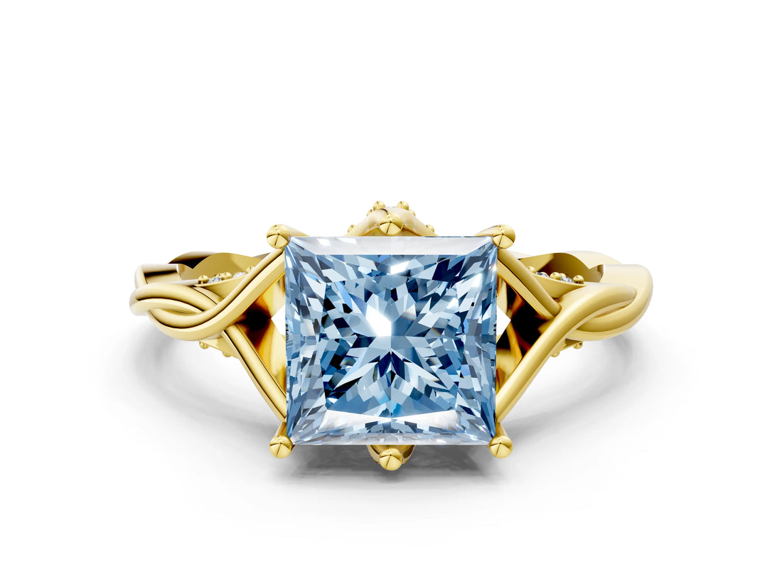 Yellow gold Fancy Blue Princess  Solitaire Twist Band Six-Prong Setting