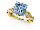 Yellow gold Fancy Blue Princess  Solitaire Twist Band with Leaf Prong Setting 2