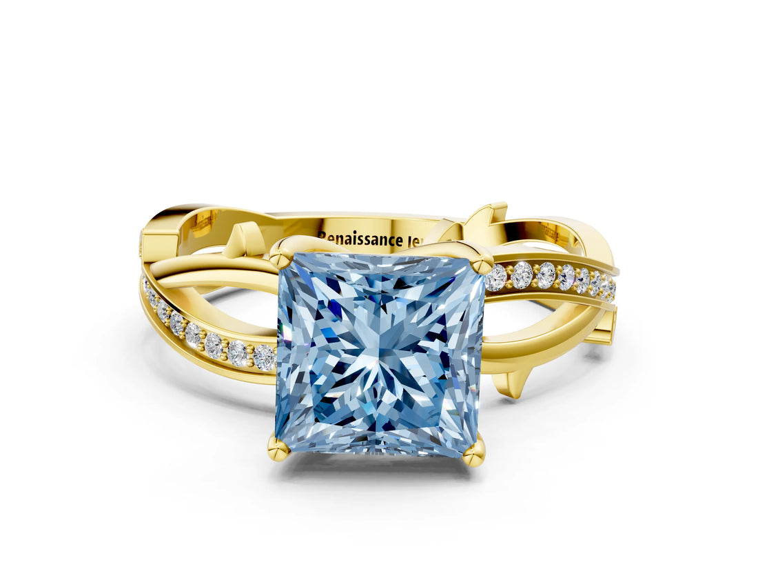 Yellow gold Fancy Blue Princess  Solitaire Twist Band with Pavé Accents and Four-Prong Setting_21