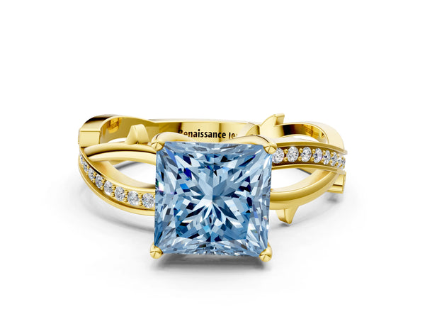 Yellow gold Fancy Blue Princess  Solitaire Twist Band with Pavé Accents and Four-Prong Setting