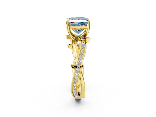 Yellow gold Fancy Blue Princess  Solitaire Twist Band with Pavé Accents and Four-Prong Setting