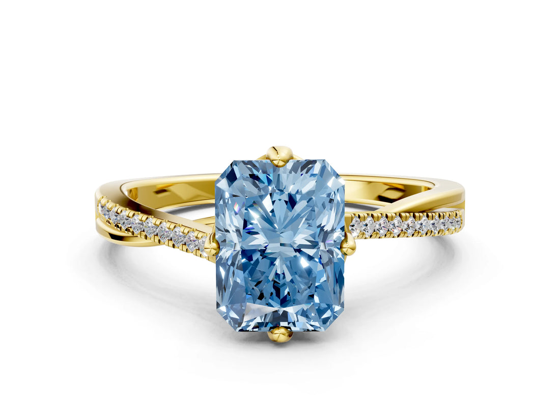 Yellow gold Fancy Blue Princess  Solitaire Twist Band with Pavé Diamonds and Four-Prong Setting_53