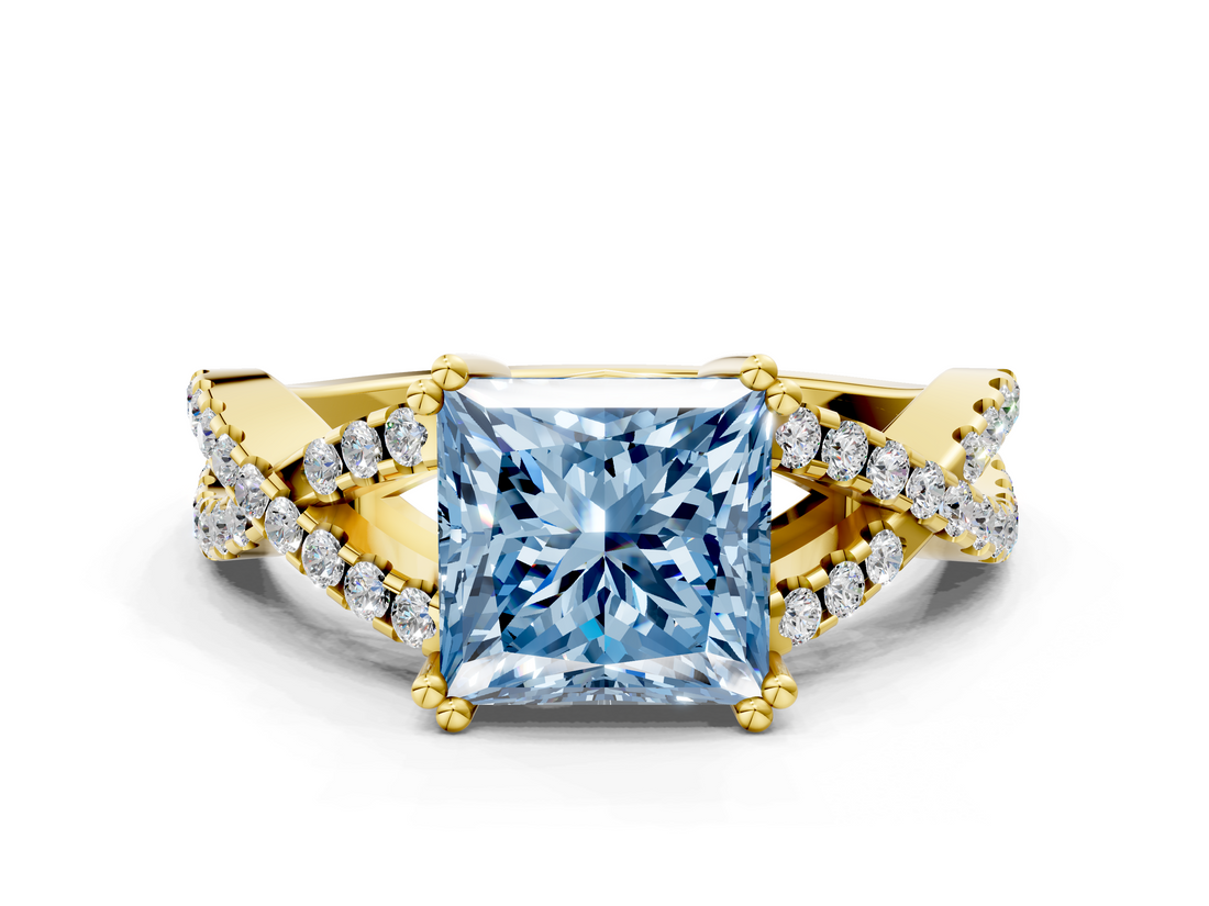 Yellow gold Fancy Blue Princess  Solitaire Twist Band with Pavé Setting and Four-Prong Setting_17