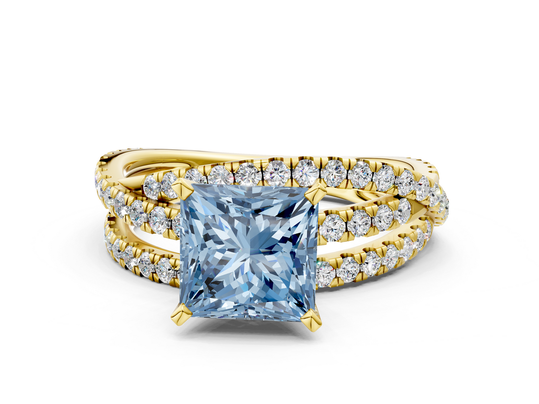 Yellow gold Fancy Blue Princess  Solitaire Twist Band with Pavé Setting and Four-Prong Setting_76
