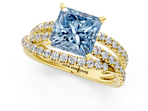 Yellow gold Fancy Blue Princess  Solitaire Twist Band with Pavé Setting and Four-Prong Setting