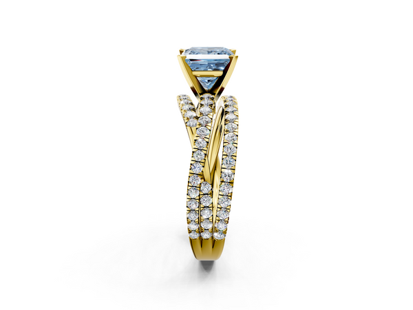 Yellow gold Fancy Blue Princess  Solitaire Twist Band with Pavé Setting and Four-Prong Setting