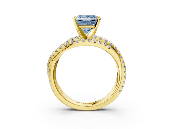 Yellow gold Fancy Blue Princess  Solitaire Twist Band with Pavé Setting and Four-Prong Setting