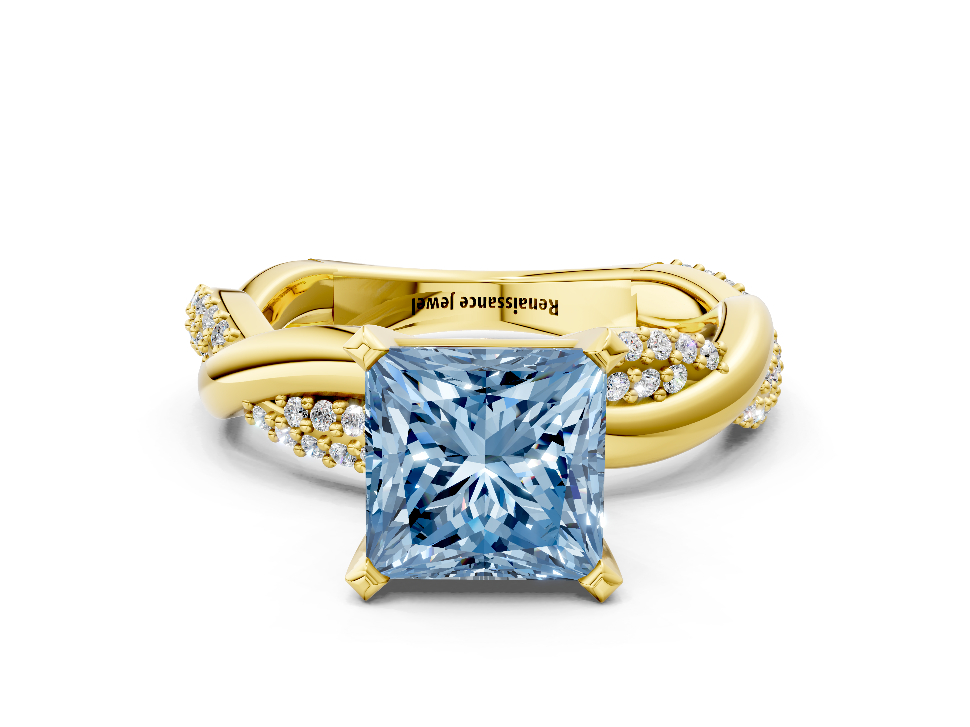 Yellow gold Fancy Blue Princess  Solitaire Twist Band with Pave Prong Setting_62