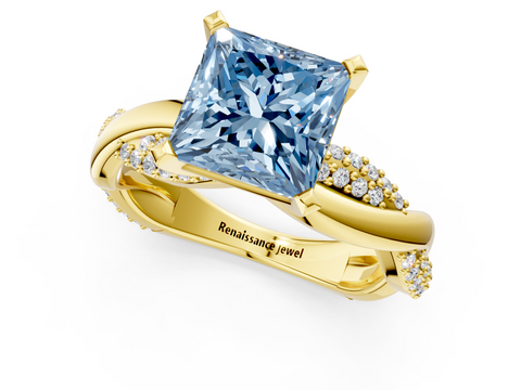 Yellow gold Fancy Blue Princess  Solitaire Twist Band with Pave Prong Setting_63