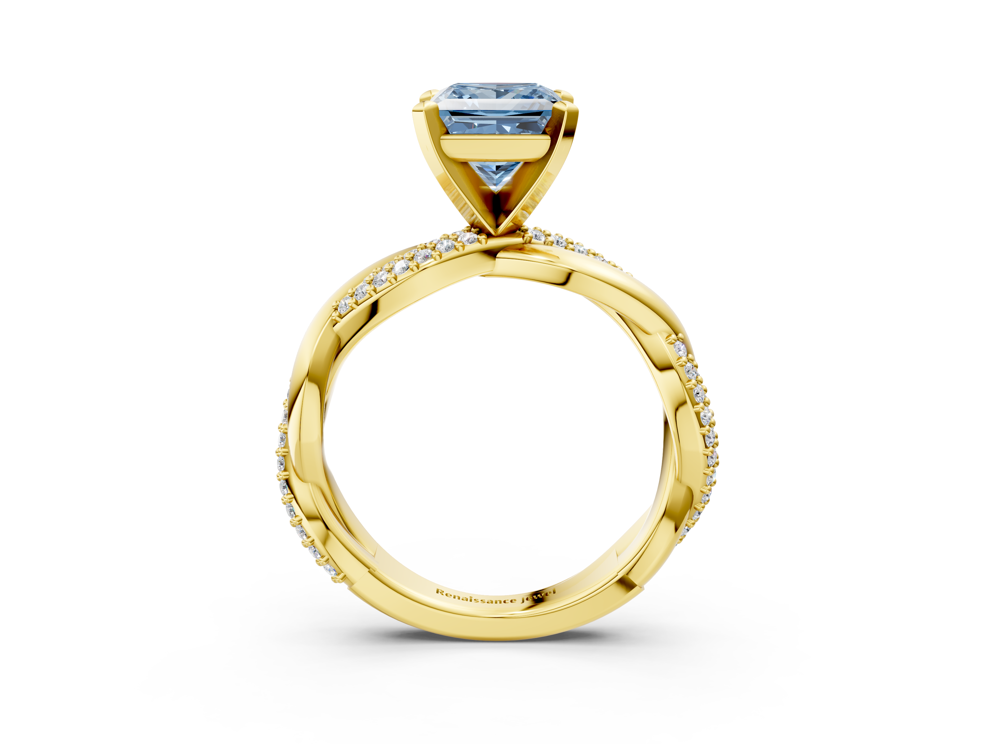 Yellow gold Fancy Blue Princess  Solitaire Twist Band with Pave Prong Setting_65