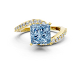 Yellow gold Fancy Blue Princess  Solitaire Twist Band with Pave Set Diamonds and Four-Prong Setting_91