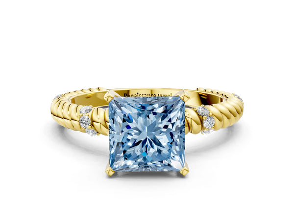 Yellow gold Fancy Blue Princess  Solitaire Twisted Band Prong Set Engagement Ring