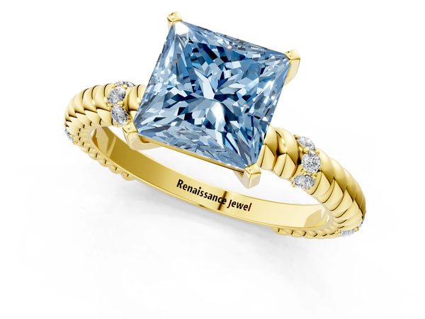 Yellow gold Fancy Blue Princess  Solitaire Twisted Band Prong Set Engagement Ring