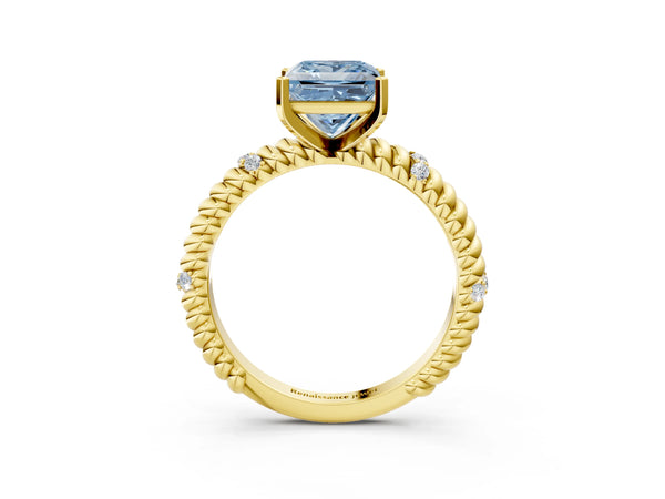 Yellow gold Fancy Blue Princess  Solitaire Twisted Band Prong Set Engagement Ring