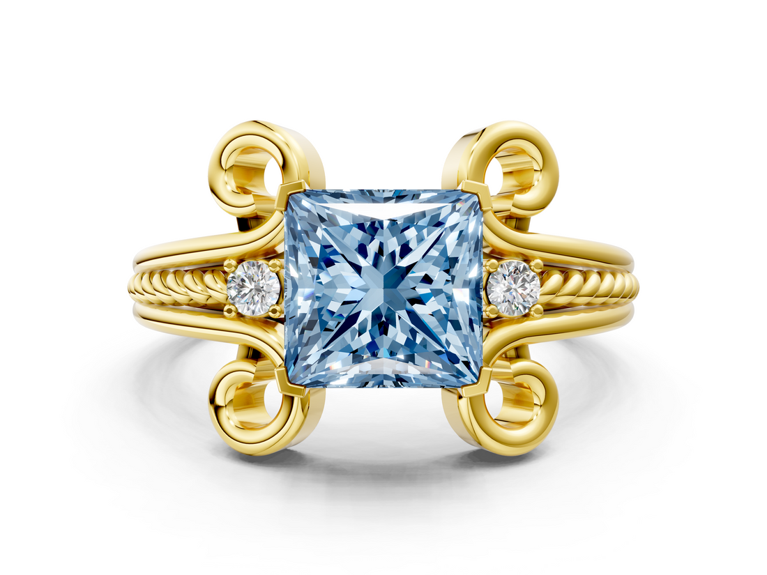 Yellow gold Fancy Blue Princess  Solitaire Twisted Band Scroll Prong Ring_3
