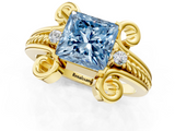 Yellow gold Fancy Blue Princess  Solitaire Twisted Band Scroll Prong Ring_4