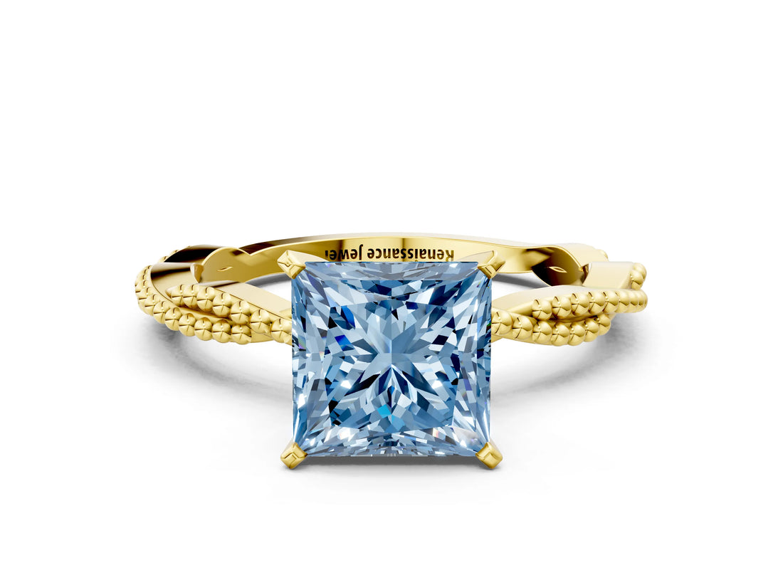 Yellow gold Fancy Blue Princess  Solitaire Twisted Band with Bead Prong Setting_308
