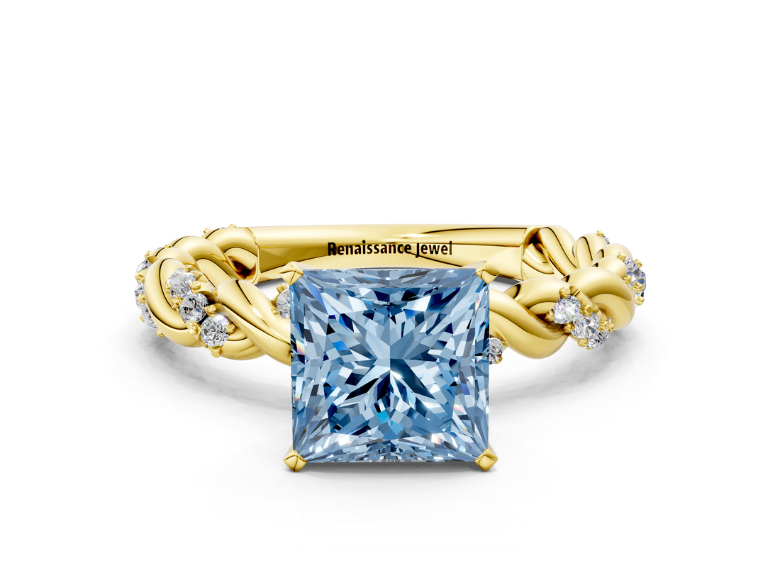 Yellow gold Fancy Blue Princess  Solitaire Twisted Band with Pavé Accents and Four-Prong Setting_3