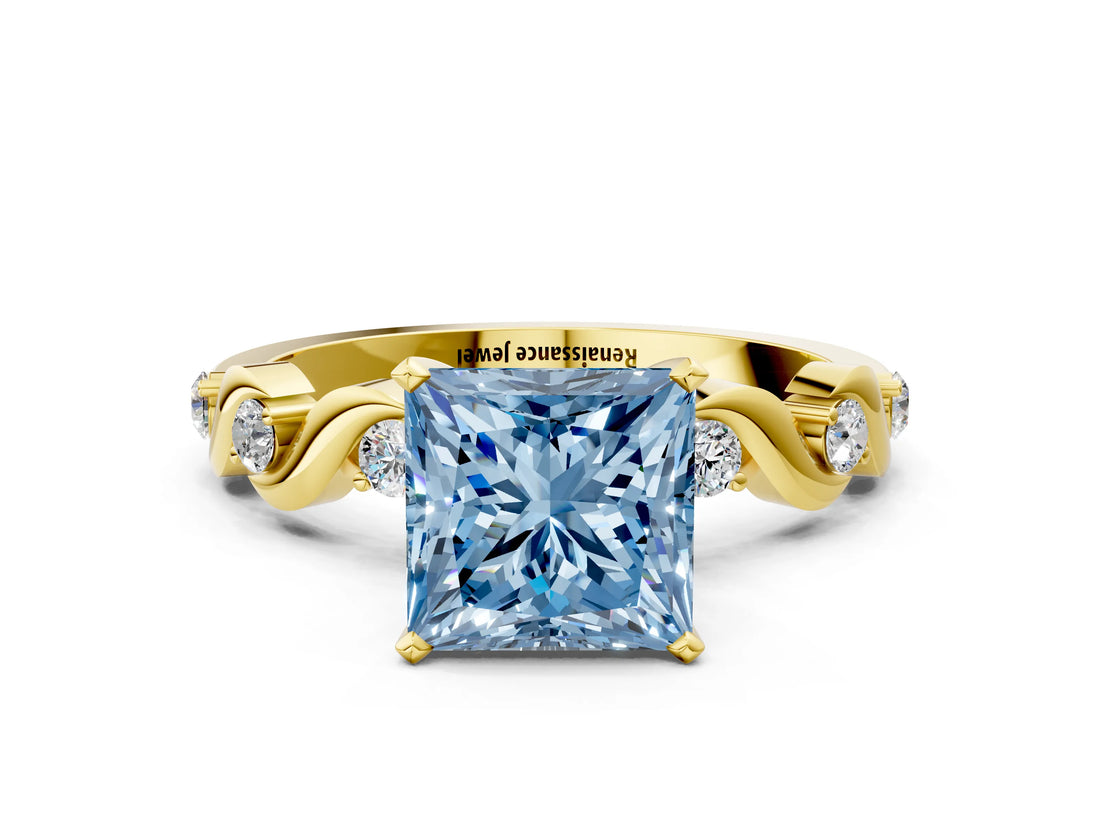 Yellow gold Fancy Blue Princess  Solitaire Twisted Band with Prong Setting