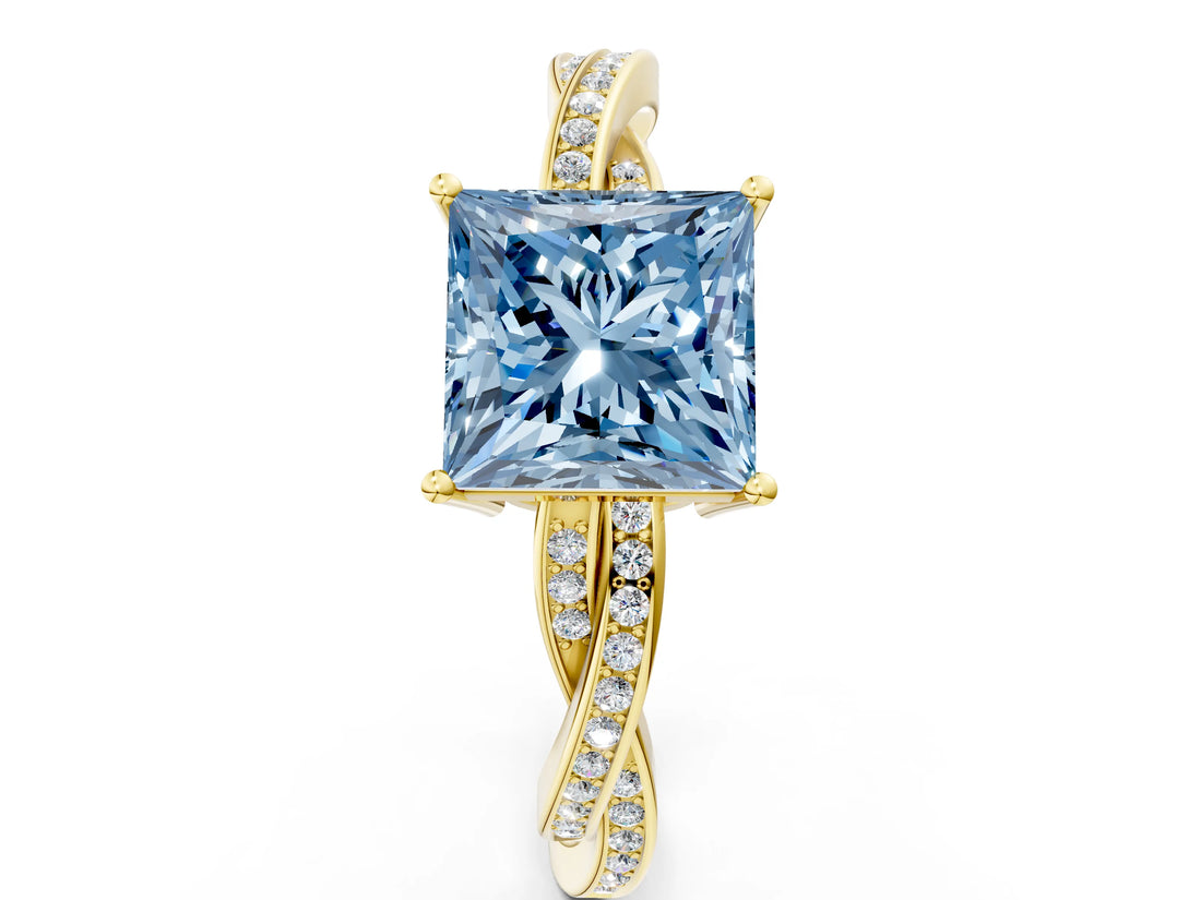 Yellow gold Fancy Blue Princess  Solitaire Twisted Pave Diamond Ring with Four-Prong Setting_12
