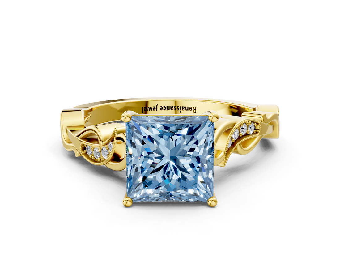 Yellow gold Fancy Blue Princess  Solitaire Vine Band with Milgrain Prong Setting_3