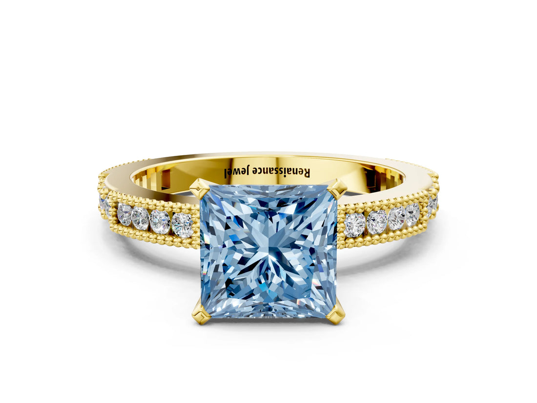 Yellow gold Fancy Blue Princess  Solitaire with Pavé Band and Four-Prong Setting_319