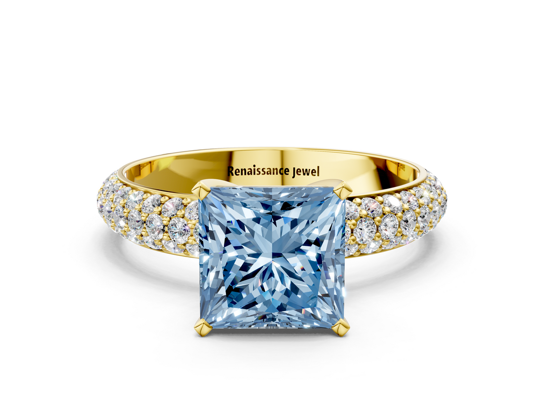 Yellow gold Fancy Blue Princess  Solitaire with Pave Band and Four-Prong Setting_3