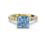 Yellow gold Fancy Blue Princess  Solitaire with Side Baguettes and Channel Set Band_45