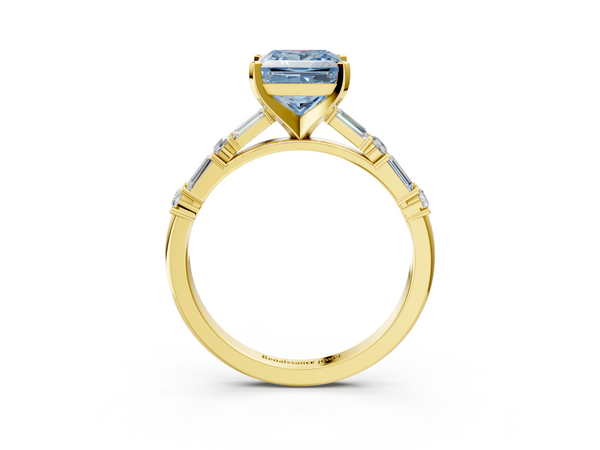Yellow gold Fancy Blue Princess Cut Diamond Solitaire with Side Baguettes and Channel Set Band