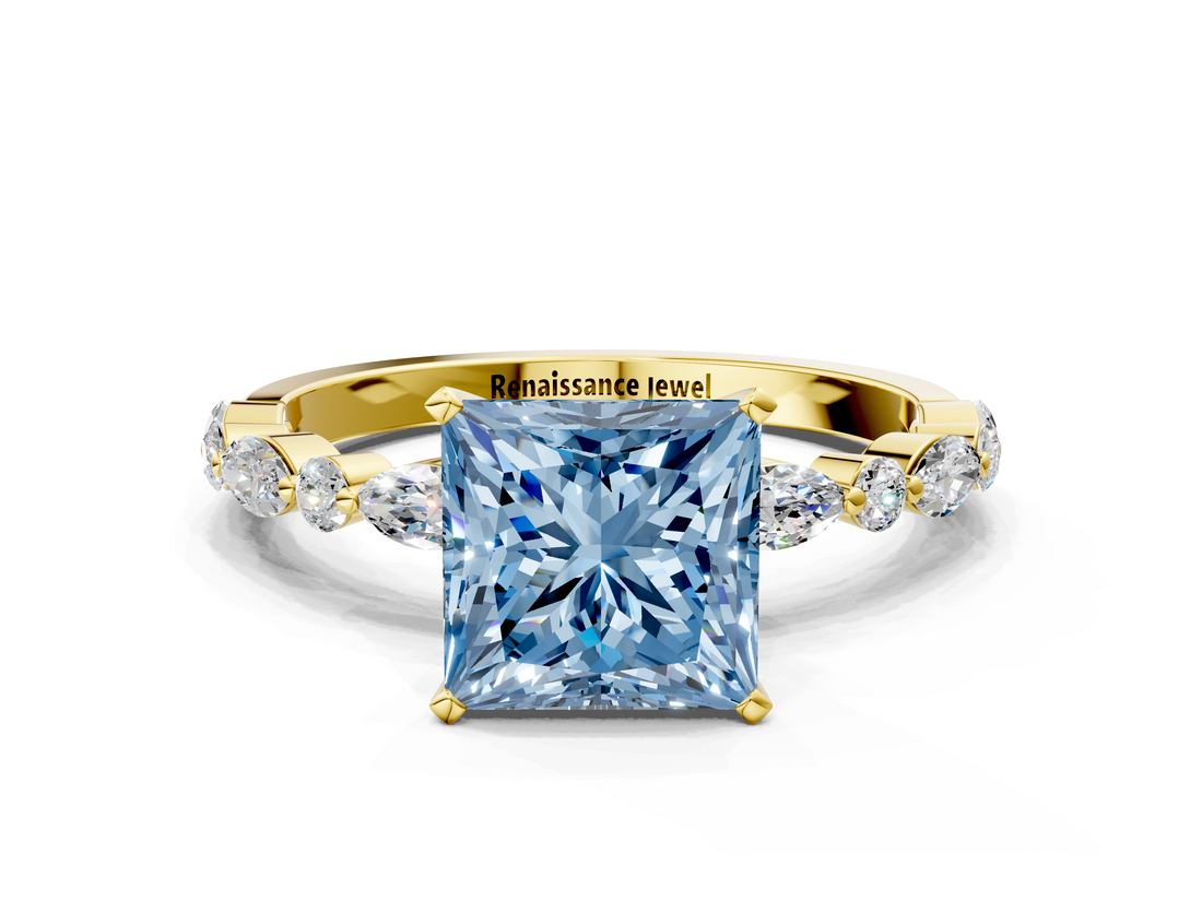 Yellow gold Fancy Blue Princess  Solitaire with Side Stones on a Pavé Band and Four-Prong Setting_23