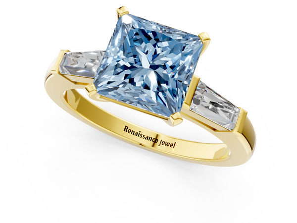 Yellow gold Fancy Blue Princess  Solitaire with Tapered Baguette Side Stones on a Classic Band with Four-Prong Setting