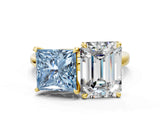 Yellow gold Fancy Blue Princess  and Emerald Cut Toi Moi Ring with Prong Setting_46