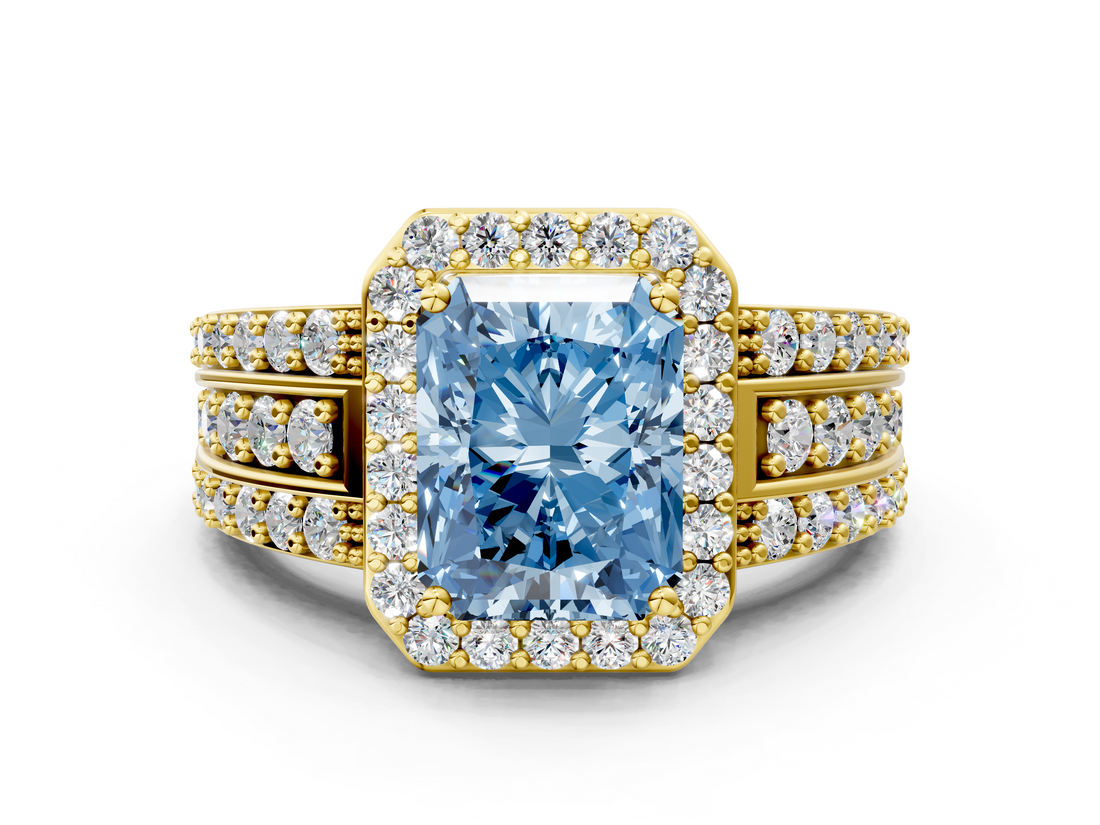 Yellow gold Fancy Blue Radiant -Cut Halo Diamond Ring with Split Shank and Four-Prong Setting_70