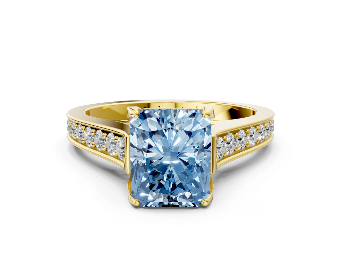 Yellow gold Fancy Blue Radiant  Brilliant Cut Diamond Engagement Ring with Pavé Band and Four-Prong Setting_49