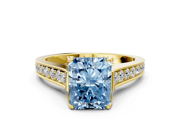 Yellow gold Fancy Blue Radiant  Brilliant Cut Diamond Engagement Ring with Pavé Band and Four-Prong Setting