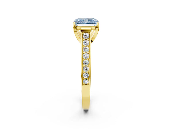 Yellow gold Fancy Blue Radiant  Brilliant Cut Diamond Engagement Ring with Pavé Band and Four-Prong Setting