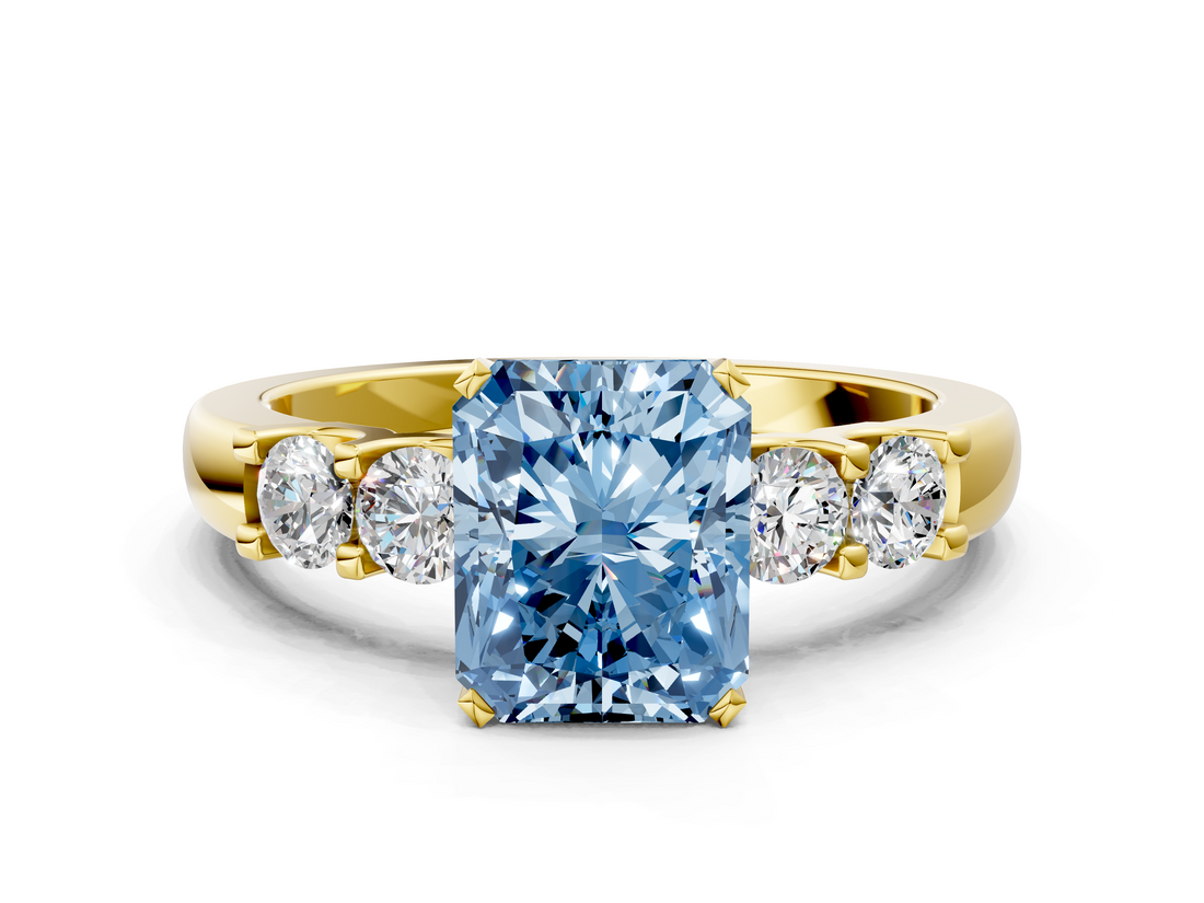 Yellow gold Fancy Blue Radiant  Brilliant Cut Diamond Five-Stone Prong Set Engagement Ring with Channel Band_3
