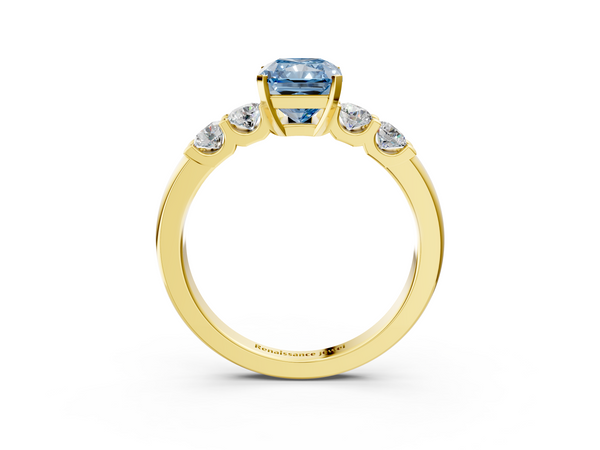 Yellow gold Fancy Blue Radiant  Brilliant Cut Diamond Five-Stone Prong Set Engagement Ring with Channel Band