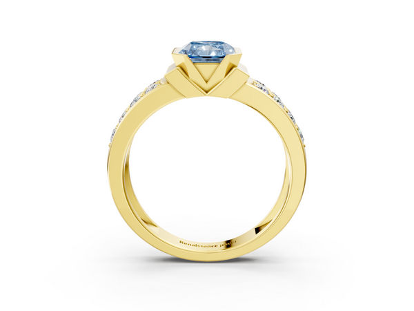 Yellow Gold Radiant Cut Half Bezel Channel Set Engagement Ring Setting for Fancy Blue Center