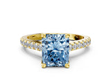 Yellow gold Fancy Blue Radiant  Brilliant Diamond Solitaire with Pavé Band and Four-Prong Setting 1