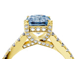 Yellow gold Fancy Blue Radiant  Brilliant Diamond Solitaire with Pavé Band and Four-Prong Setting