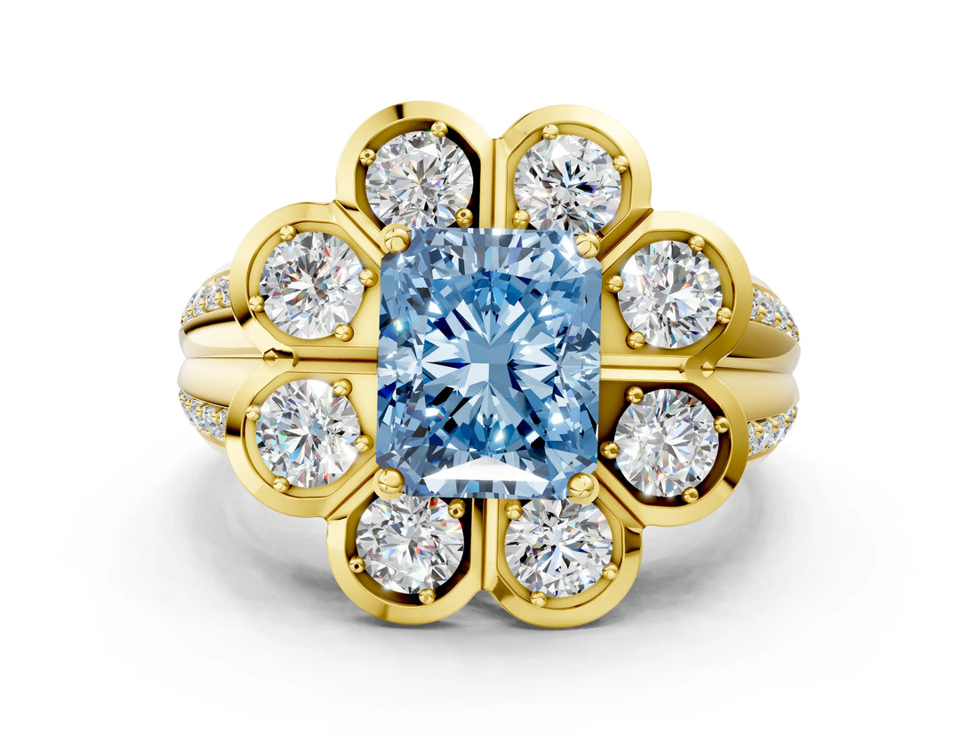 Yellow gold Fancy Blue Radiant  Brilliant Flower Halo Diamond Split Shank Ring_75