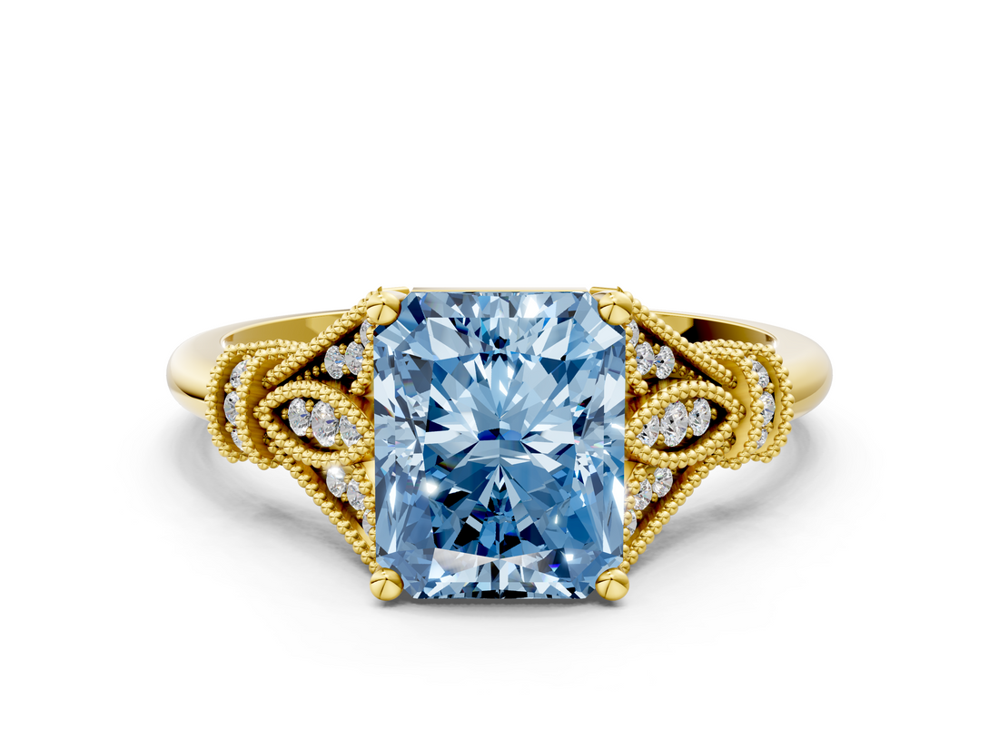 Yellow gold Fancy Blue Radiant  Brilliant Solitaire with Pave Band and Four-Prong Setting_20