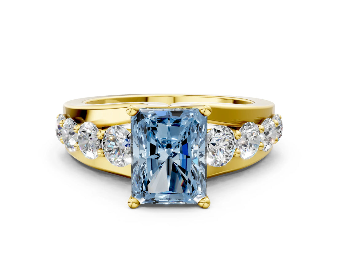 Yellow gold Fancy Blue Radiant  Brilliant Solitaire with Side Stones on a Pave Band and Four-Prong Setting_24