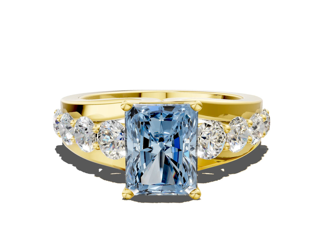 Yellow gold Fancy Blue Radiant  Brilliant Solitaire with Side Stones on a Pave Band and Four-Prong Setting_30