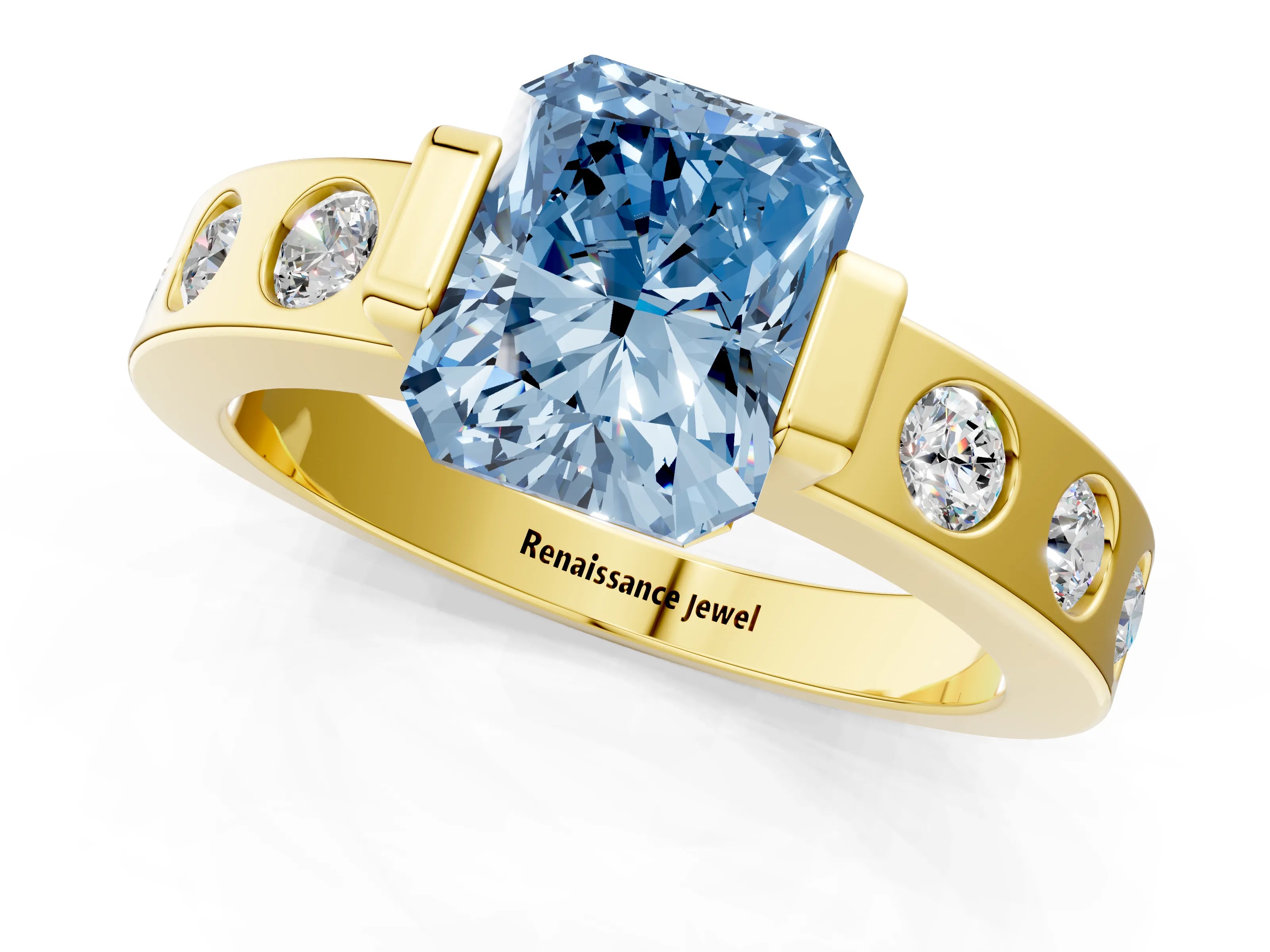 Yellow gold Fancy Blue Radiant Cut Brilliant Channel-Set Diamond Ring with Bezel Prong Setting_1