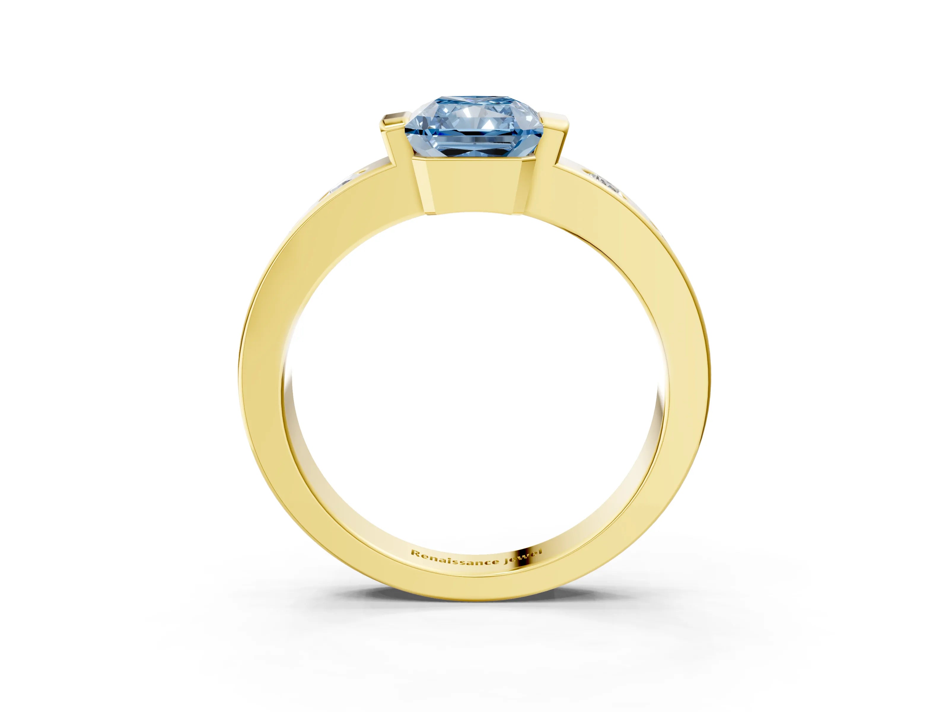 Yellow gold Fancy Blue Radiant Cut Brilliant Channel-Set Diamond Ring with Bezel Prong Setting_3