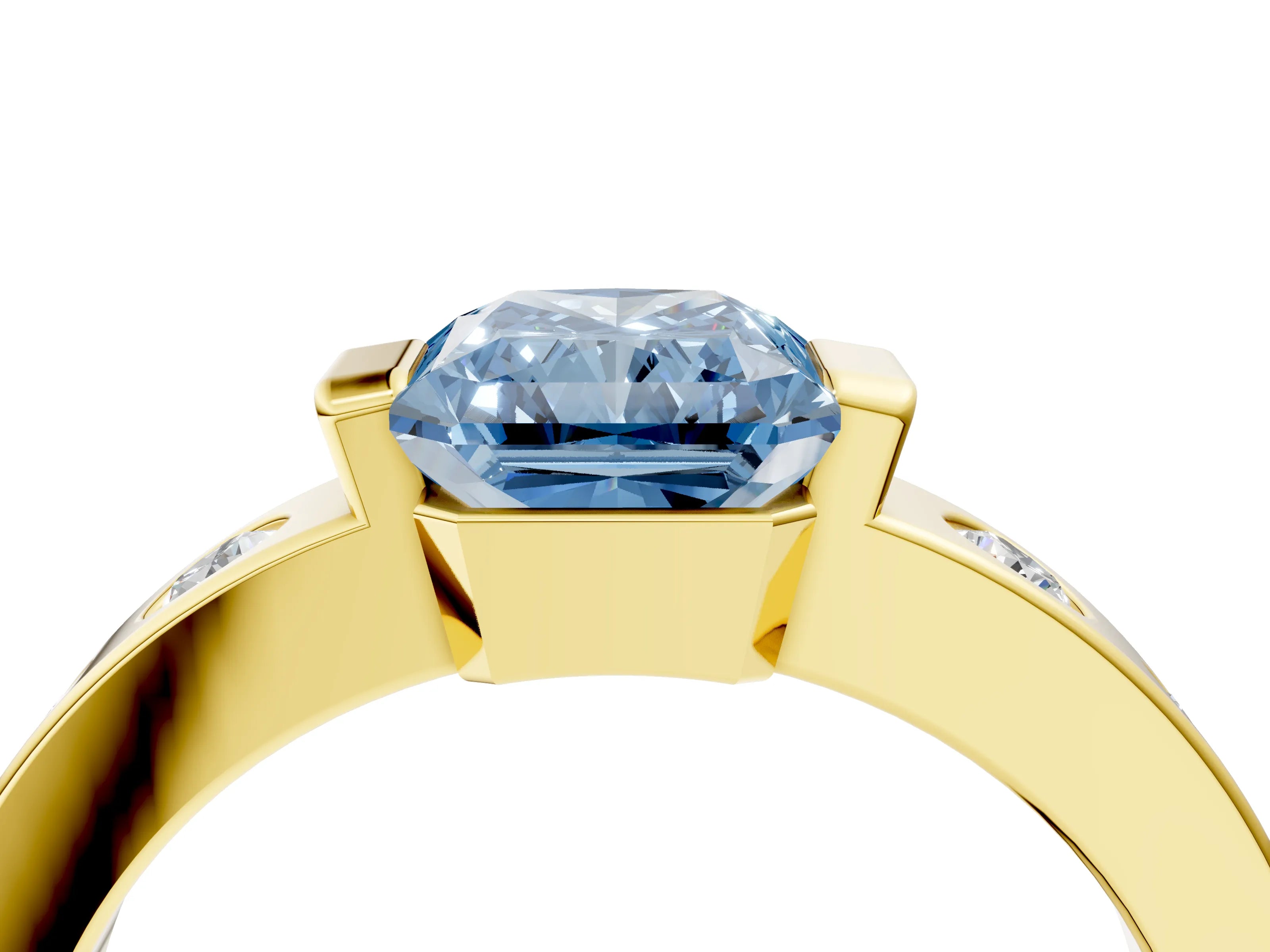 Yellow gold Fancy Blue Radiant Cut Brilliant Channel-Set Diamond Ring with Bezel Prong Setting_4
