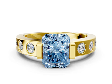 Yellow gold Fancy Blue Radiant Cut Brilliant Channel-Set Diamond Ring with Bezel Prong Setting